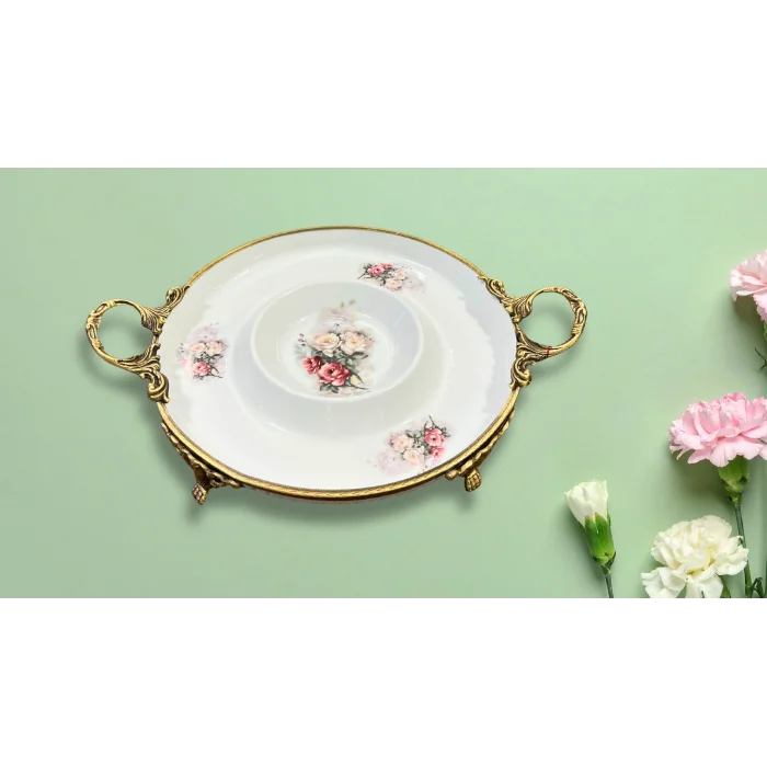 Limoge Çiçek Desenli Sos Hazneli Porselen Sunum Tabağı 39×30 cm | Ayaklı & Altın Detaylı Çift Kulp