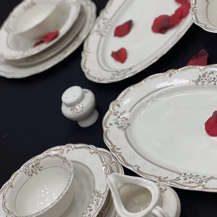 Altın ve Gümüş İşlemeli Porselen Yemek Takımı 56 Parça 12 Kişilik