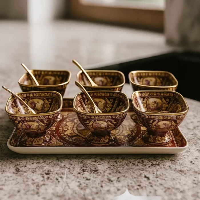 Antik Gold Desenli 6’lı Lüks Porselen Sunum Kasesi Seti (Tepsili)