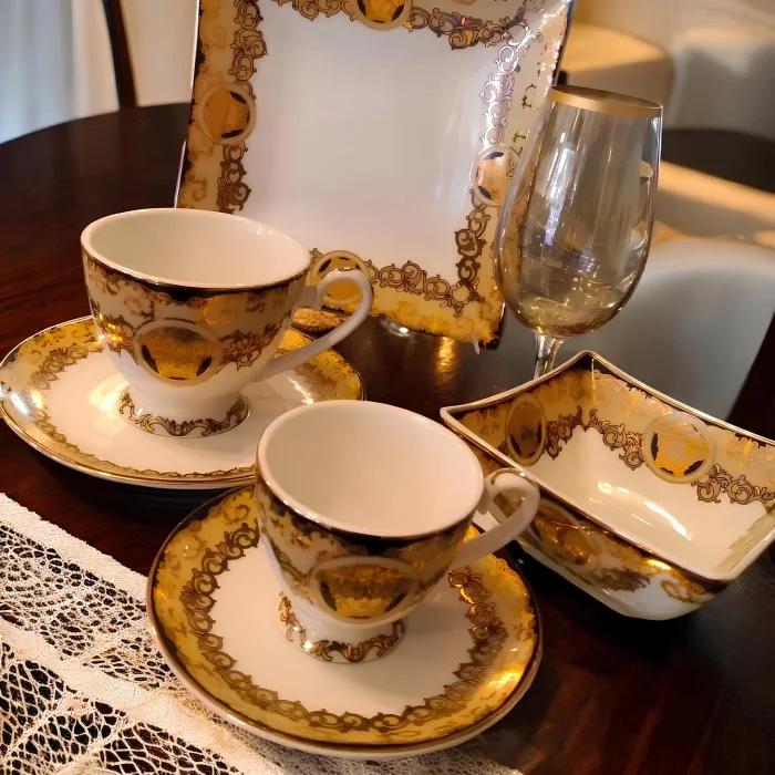 Bawaria Versace Modeli 12 Parça 6 Kişilik Altın Varaklı Porselen Çay & Kahve Fincan Takımı