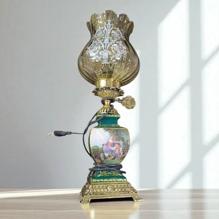 Klasik Desenli Cam Şapkalı Elektrikli Porselen 2li Mavi- Yeşil Abajur