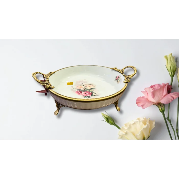 Limoge Çiçek Desenli Altın Kulplu Porselen Sunum Kasesi – 25 cm (4 cm Derinlik)