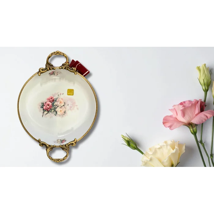 Limoge Çiçek Desenli Altın Kulplu Porselen Sunum Kasesi – 25 cm (4 cm Derinlik)