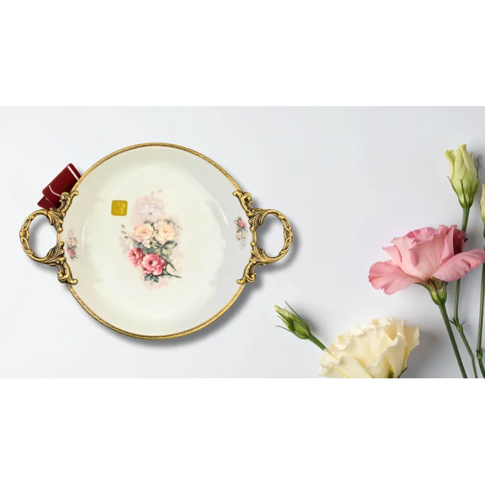 Limoge Çiçek Desenli Altın Kulplu Porselen Sunum Kasesi – 25 cm (4 cm Derinlik)