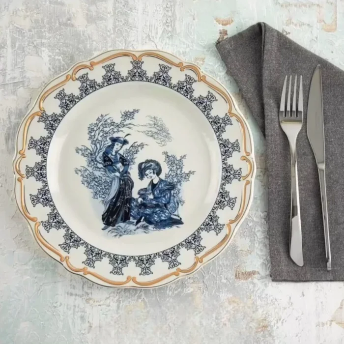 Vintage Desenli Porselen Yemek Takımı 56 Parça 12 Kişilik