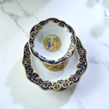 12 Parça Barok Desenli Porselen Kase ve Tabak Takımı – Lacivert & Altın