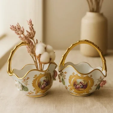 2li El İşçiliği Porselen Dekoratif Sepet – Altın Yaldızlı, Figürlü ve Çiçek Kabartmalı