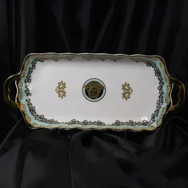 Zarif Mavi Beyaz Desenli Bavaria Porselen Kahve Sunumluk Tepsisi