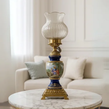 Klasik Desenli Cam Şapkalı Elektrikli Porselen 2li Mavi- Yeşil Abajur