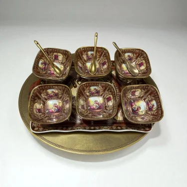 İthal Fine Porcelain Altın Yaldızlı Tepsi ve 6’lı Dondurmalık Seti