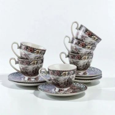 İthal Fine Porcelain Çiçek Desenli 6 Kişilik Fincan Takımı