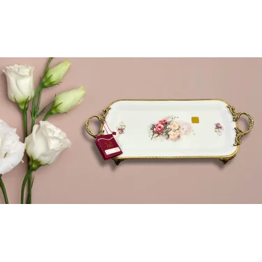 Limoge Çiçek Desenli Altın Kulplu Dikdörtgen Porselen Sunum Tabağı – 39×19 cm (Ayaklı)