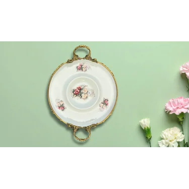 Limoge Çiçek Desenli Sos Hazneli Porselen Sunum Tabağı 39×30 cm | Ayaklı & Altın Detaylı Çift Kulp