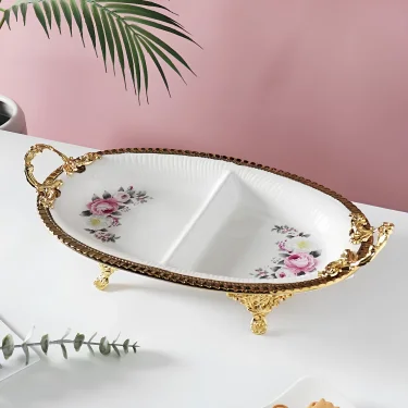 Bölmeli Altın Detaylı Porselen Servis Tabağı