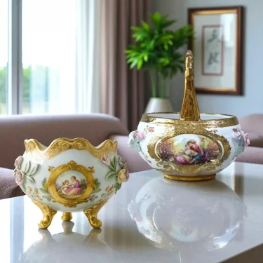 El İşçiliği Altın Yaldızlı Porselen Dekoratif Kase Seti (2li)