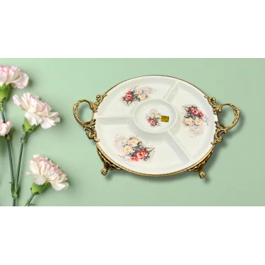 Limoge Çiçek Desenli Bölmeli Porselen Servis Tabağı – 39×32 cm (Altın Kulplu, Ayaklı, 4 Bölme + Sos Haznesi)