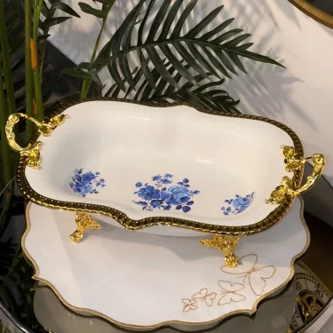 Altın Varaklı Porselen Oval Sunum Tabağı