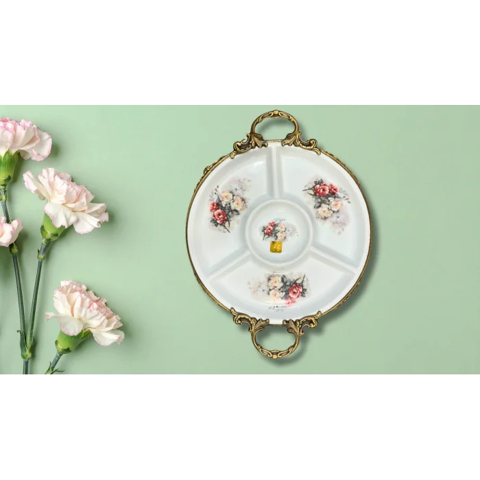 Limoge Çiçek Desenli Bölmeli Porselen Servis Tabağı – 39×32 cm (Altın Kulplu, Ayaklı, 4 Bölme + Sos Haznesi)