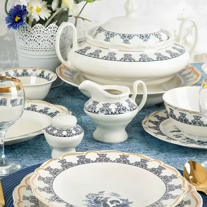 Vintage Desenli Porselen Yemek Takımı 56 Parça 12 Kişilik