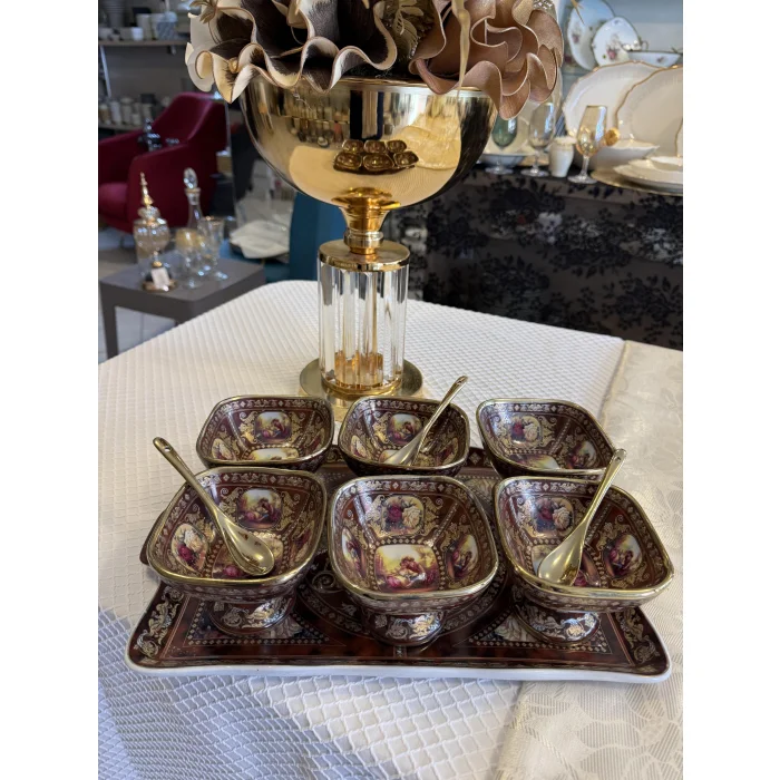 İthal Fine Porcelain Altın Yaldızlı Tepsi ve 6’lı Dondurmalık Seti