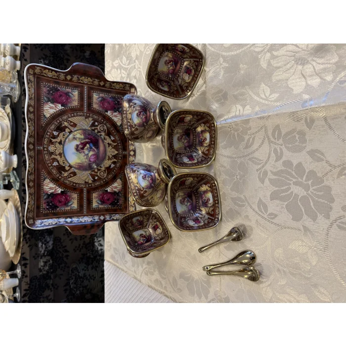 İthal Fine Porcelain Altın Yaldızlı Tepsi ve 6’lı Dondurmalık Seti