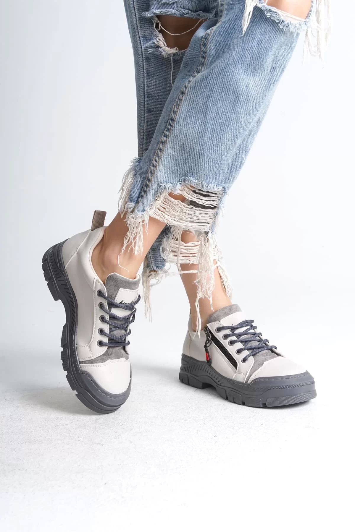 AGATHA Bağcıklı Fermuarlı Ortopedik Taban Kadın Sneaker Spor Ayakkabı GT - Krem