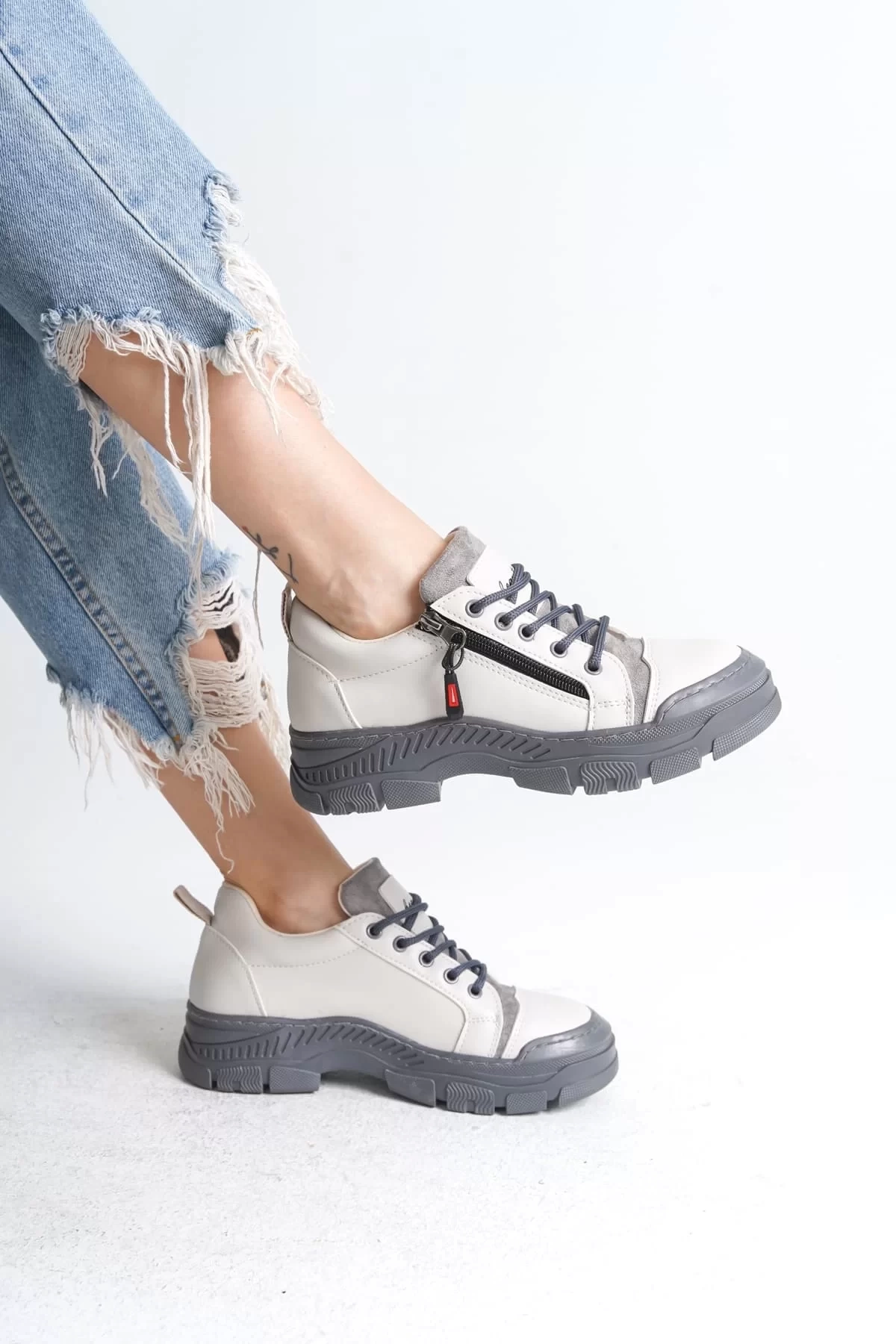 AGATHA Bağcıklı Fermuarlı Ortopedik Taban Kadın Sneaker Spor Ayakkabı GT - Krem
