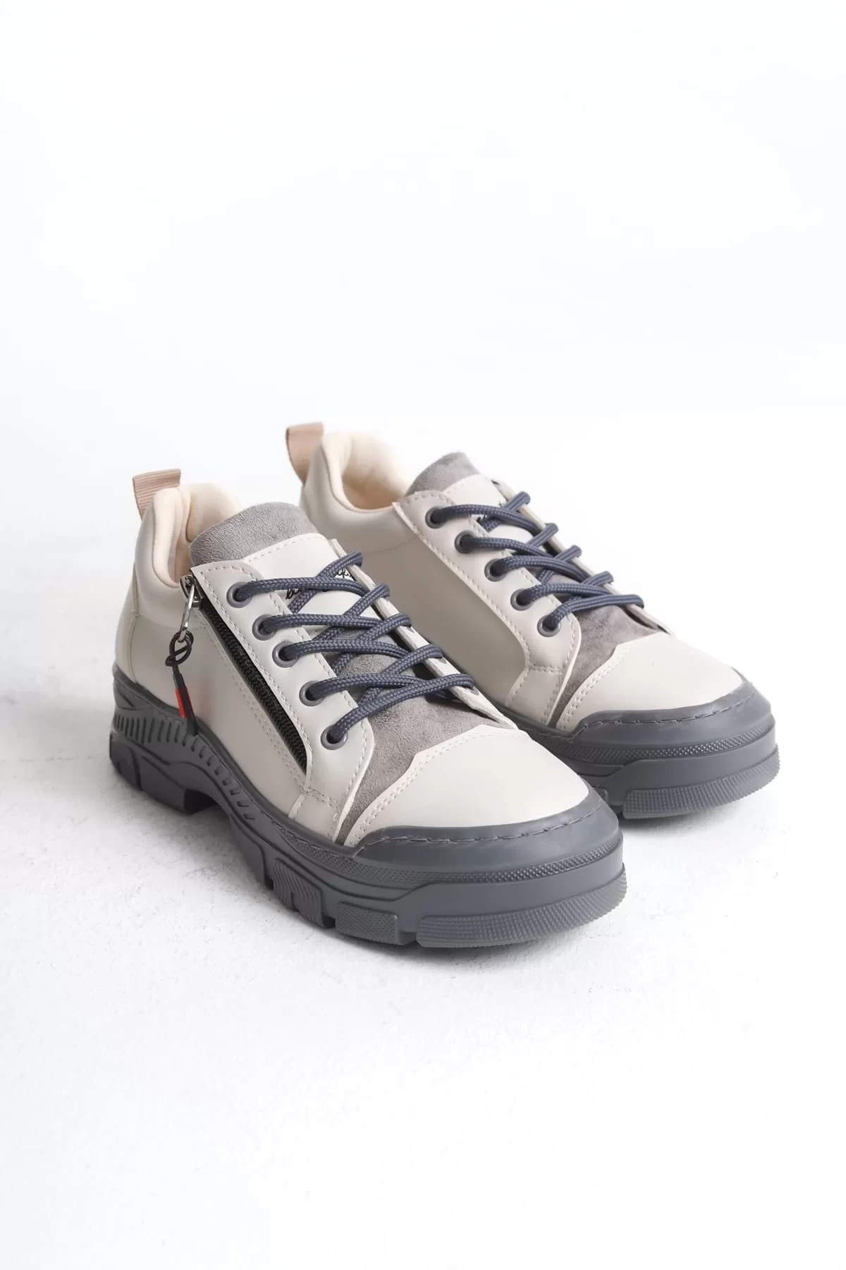 AGATHA Bağcıklı Fermuarlı Ortopedik Taban Kadın Sneaker Spor Ayakkabı GT - Krem