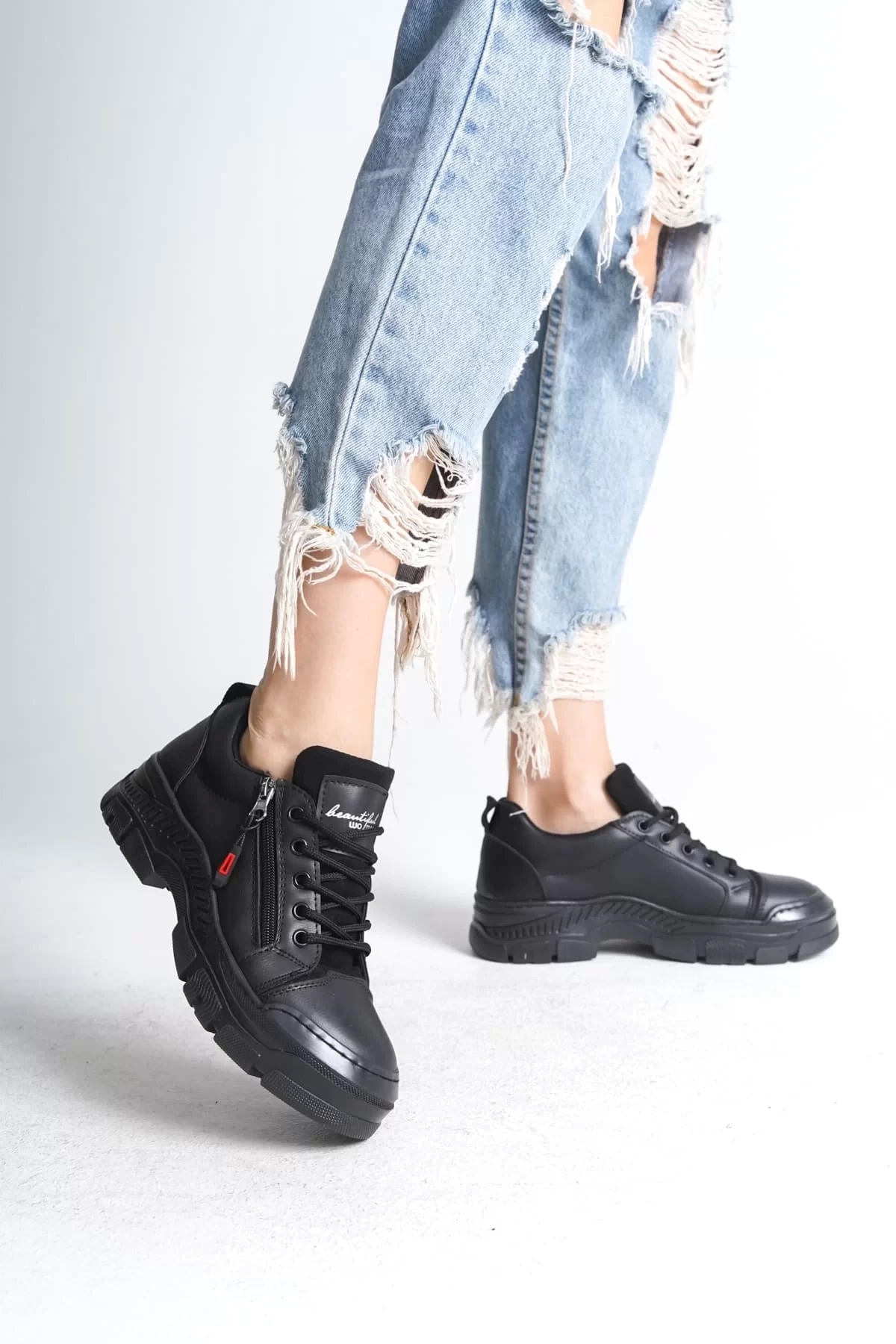 AGATHA Bağcıklı Fermuarlı Ortopedik Taban Kadın Sneaker Spor Ayakkabı ST - Siyah