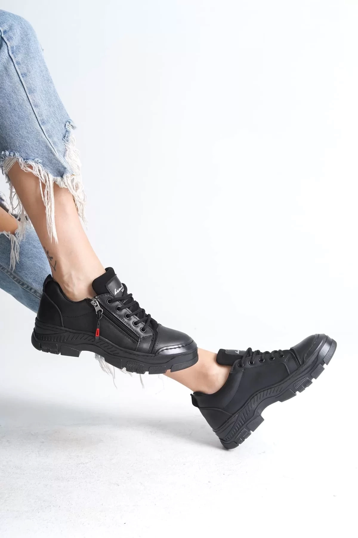 AGATHA Bağcıklı Fermuarlı Ortopedik Taban Kadın Sneaker Spor Ayakkabı ST - Siyah