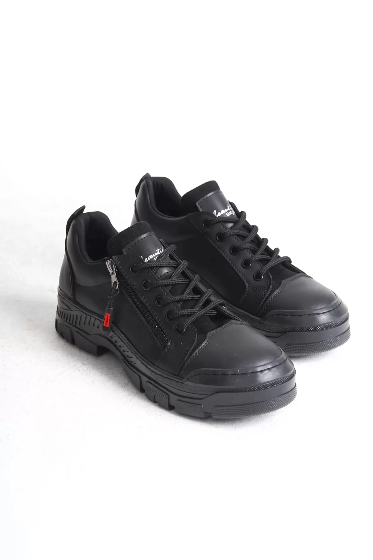 AGATHA Bağcıklı Fermuarlı Ortopedik Taban Kadın Sneaker Spor Ayakkabı ST - Siyah