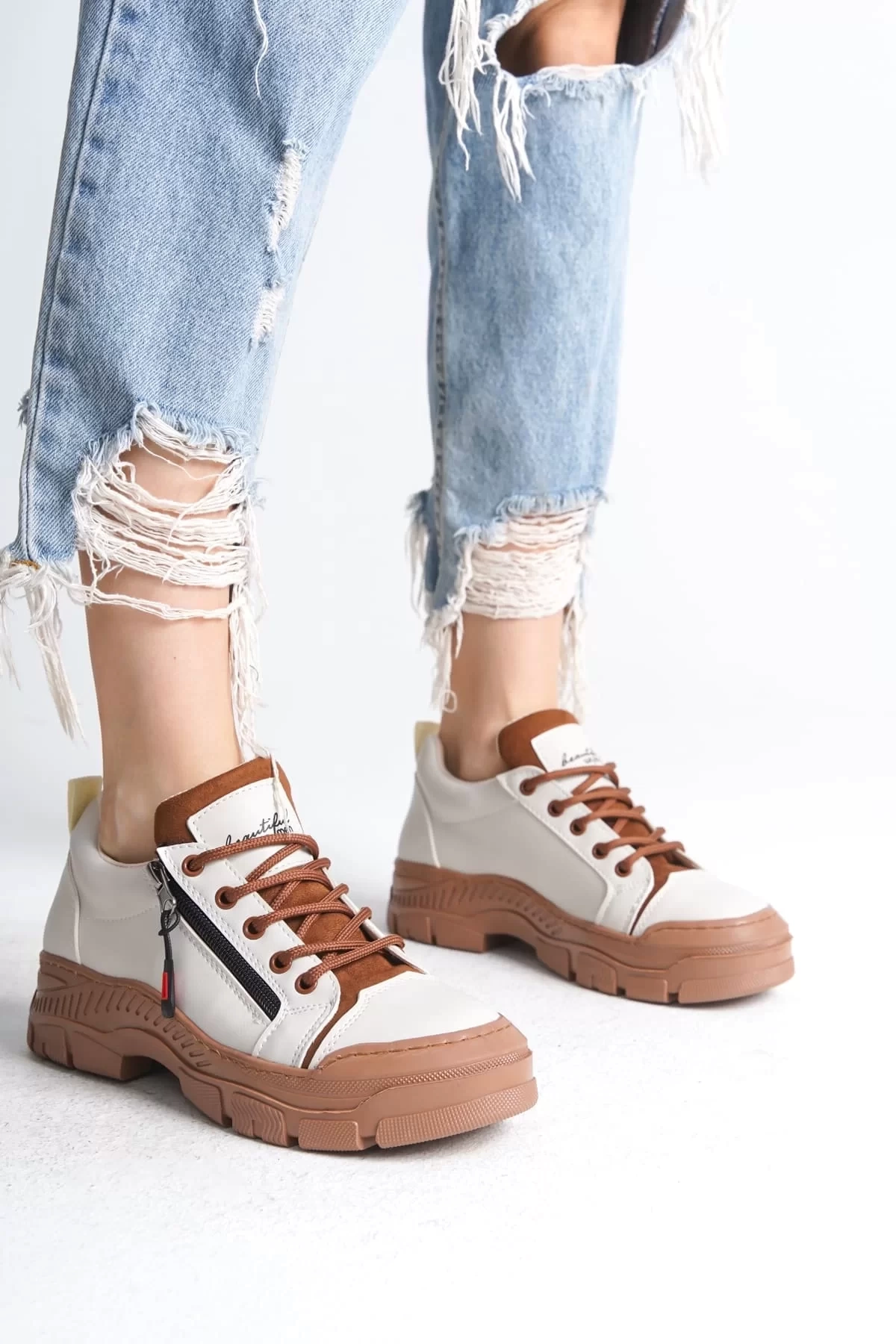 AGATHA Bağcıklı Fermuarlı Ortopedik Taban Kadın Sneaker Spor Ayakkabı  TT - Krem