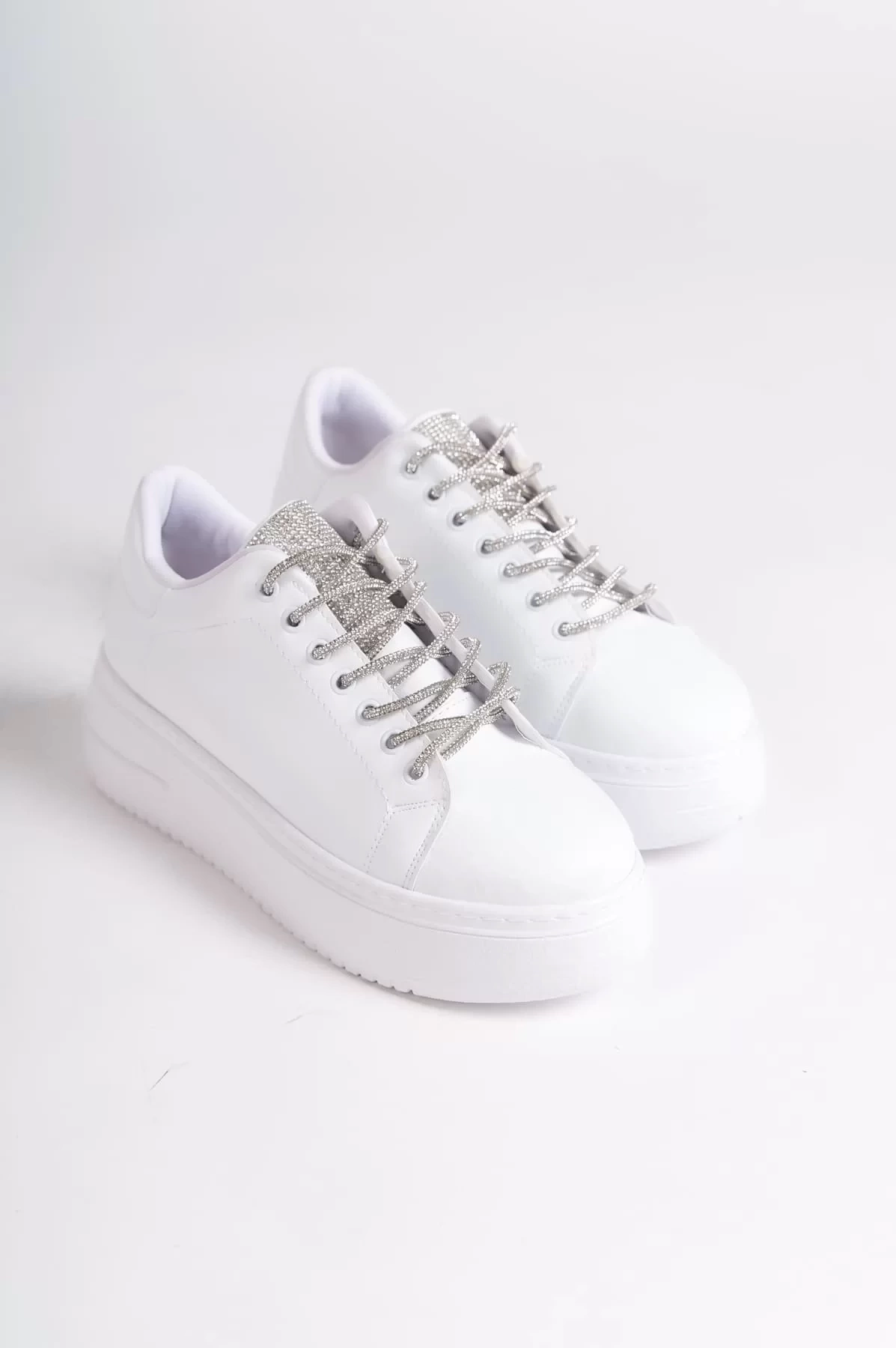 DELLA Bağcıklı Ortopedik Taban Taşlı Kadın Sneaker Spor Ayakkabı BT - Beyaz