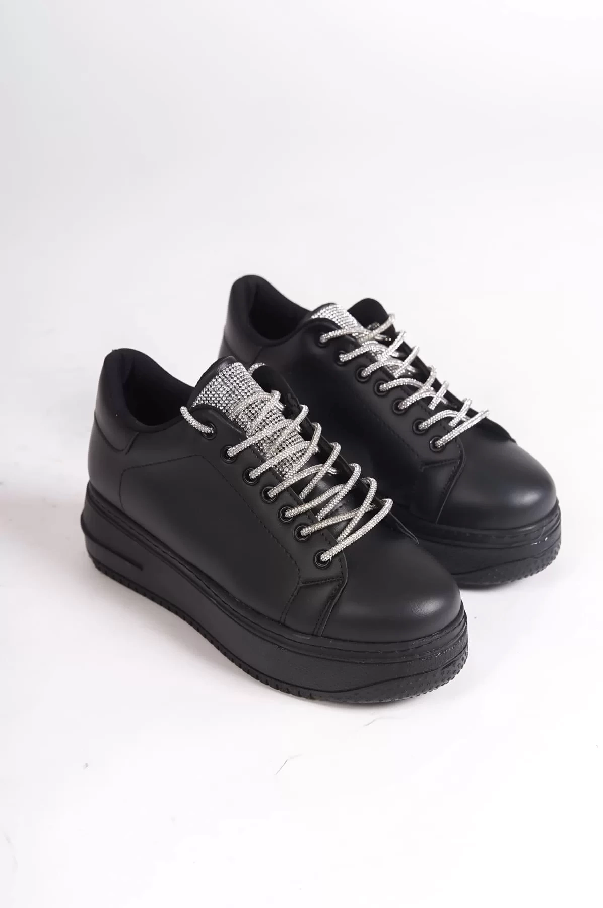 DELLA Bağcıklı Ortopedik Taban Taşlı Kadın Sneaker Spor Ayakkabı  ST - Siyah