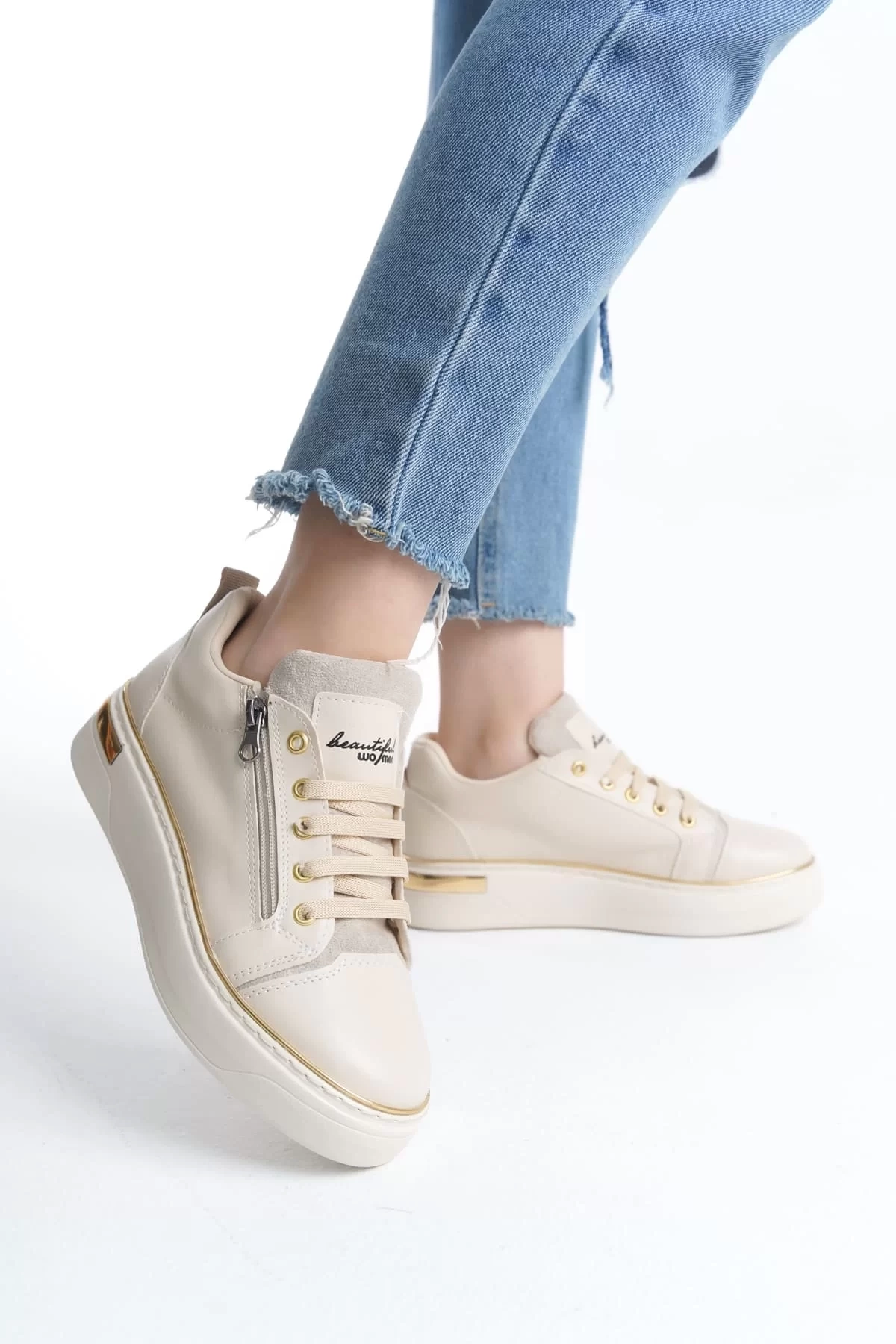 DINA Bağcıklı Fermuarlı Ortopedik Taban Kadın Sneaker Spor Ayakkabı  KT - Krem/Altın