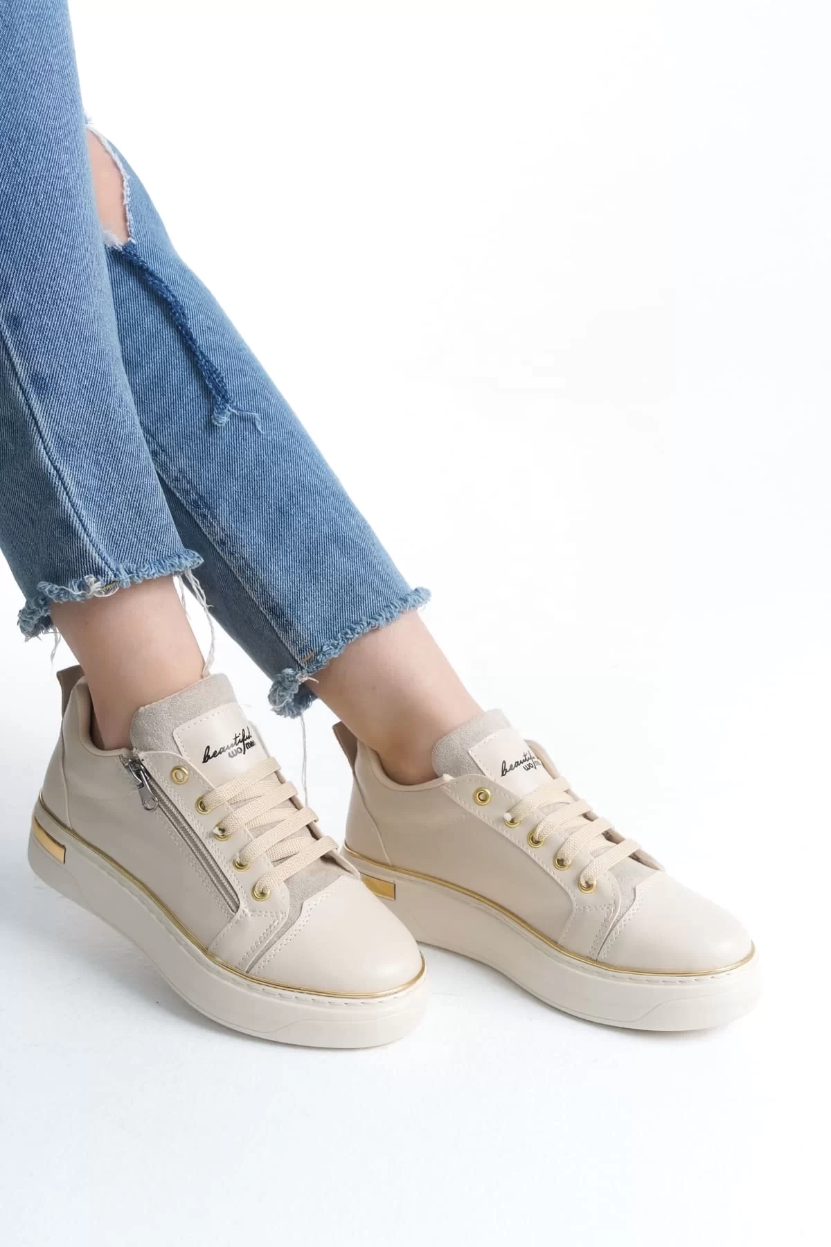 DINA Bağcıklı Fermuarlı Ortopedik Taban Kadın Sneaker Spor Ayakkabı  KT - Krem/Altın