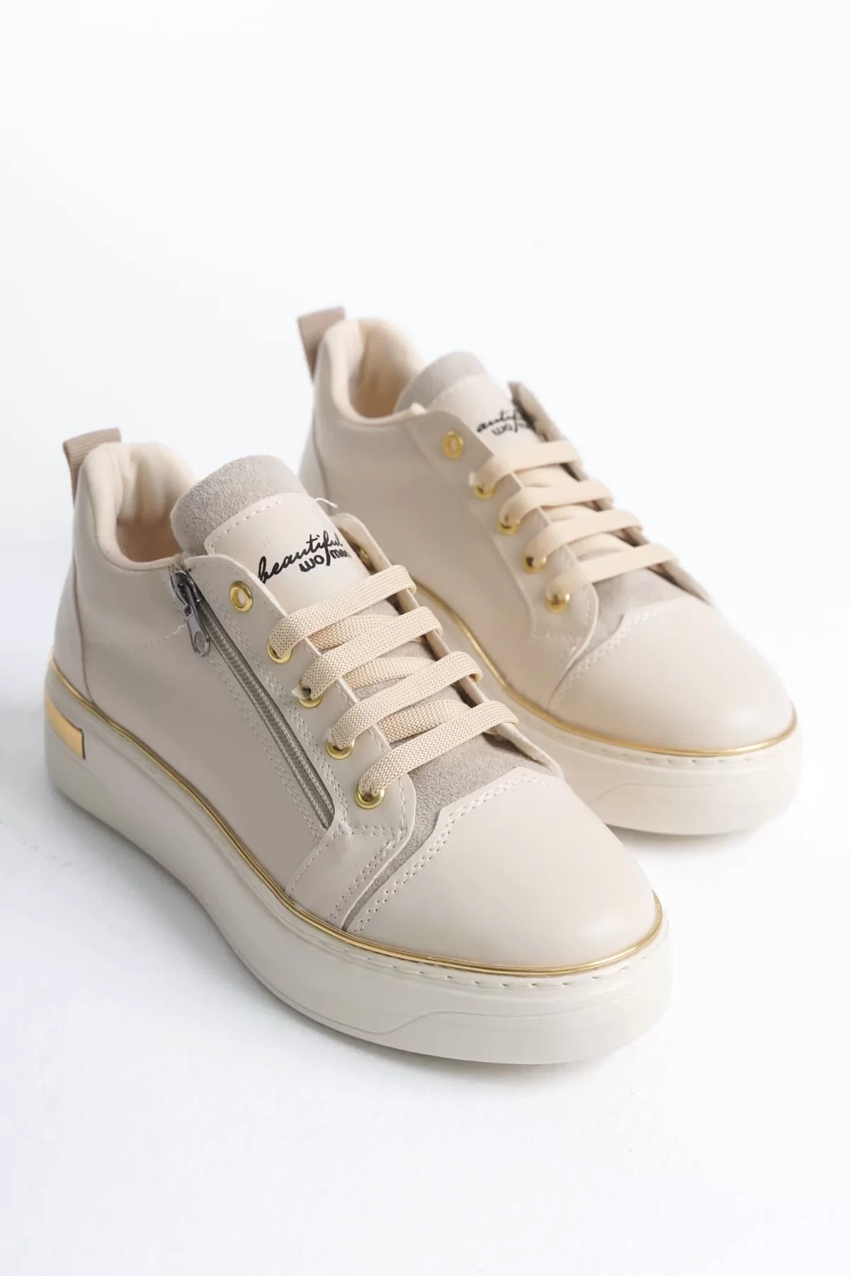DINA Bağcıklı Fermuarlı Ortopedik Taban Kadın Sneaker Spor Ayakkabı  KT - Krem/Altın