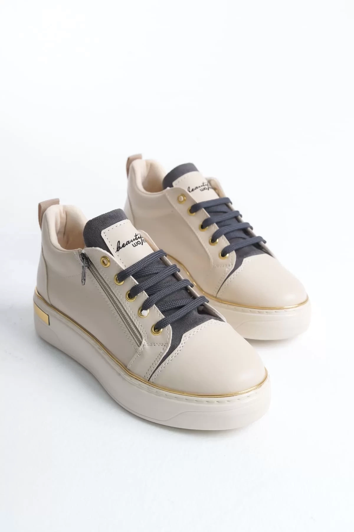 DINA Bağcıklı Fermuarlı Ortopedik Taban Kadın Sneaker Spor Ayakkabı  KT - Krem/Gri/Altın