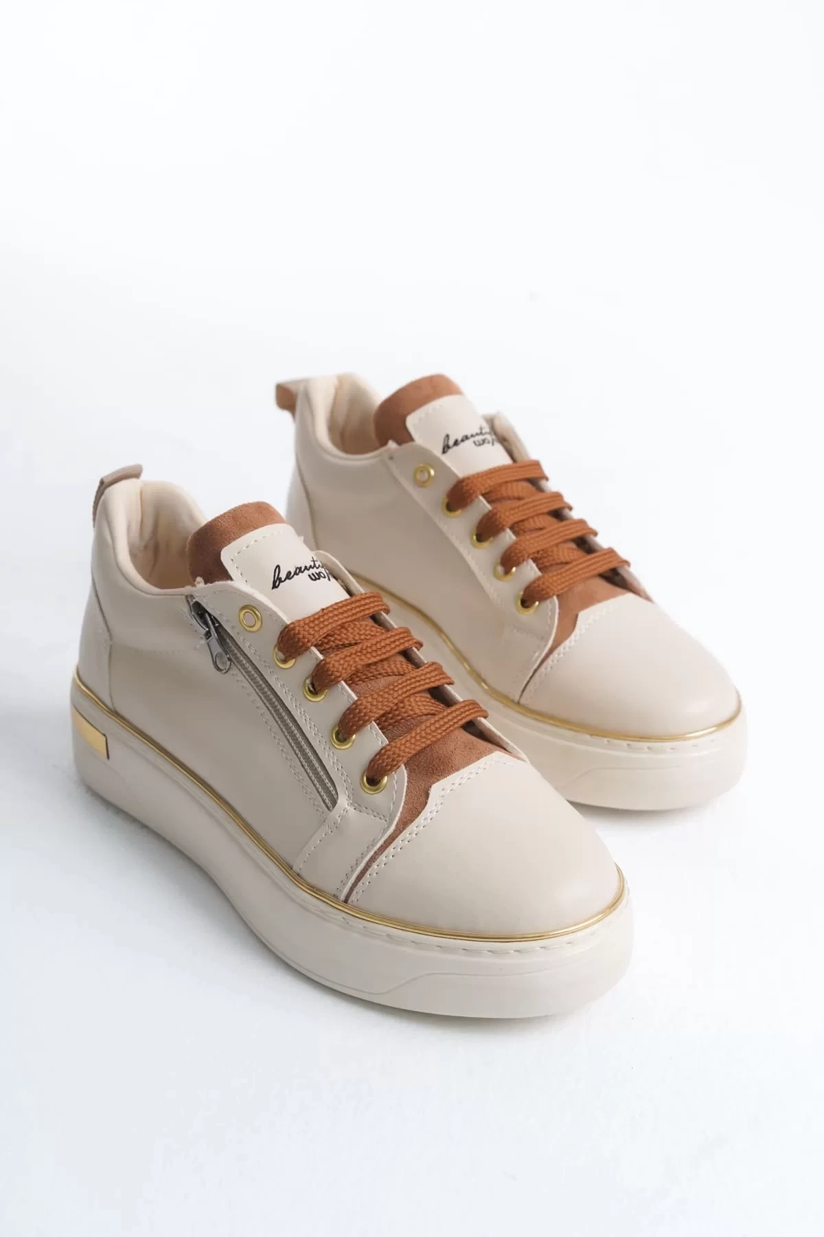 DINA Bağcıklı Fermuarlı Ortopedik Taban Kadın Sneaker Spor Ayakkabı  KT - Krem/Taba/Altın