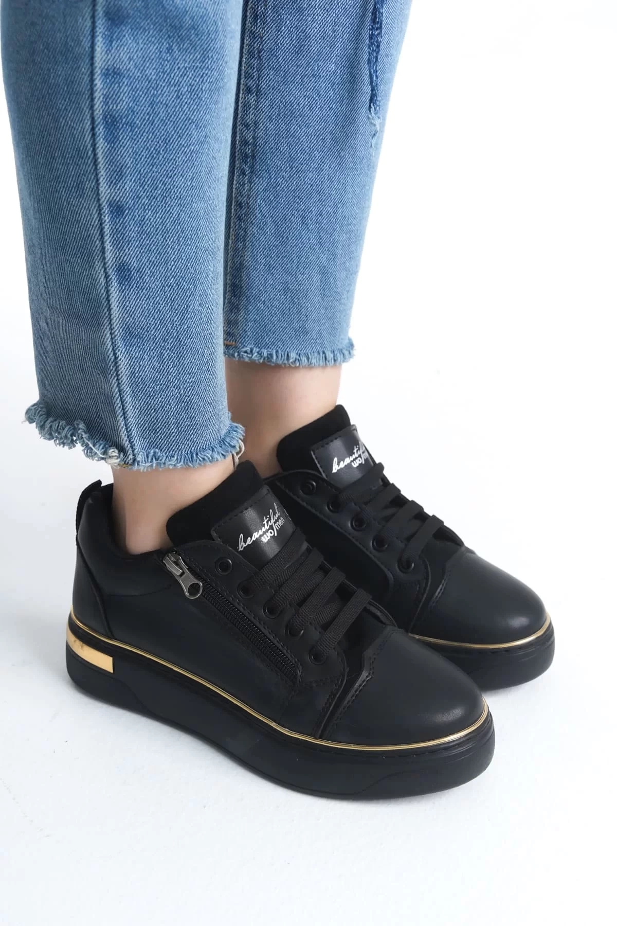 DINA Bağcıklı Fermuarlı Ortopedik Taban Kadın Sneaker Spor Ayakkabı  ST - Siyah/Altın