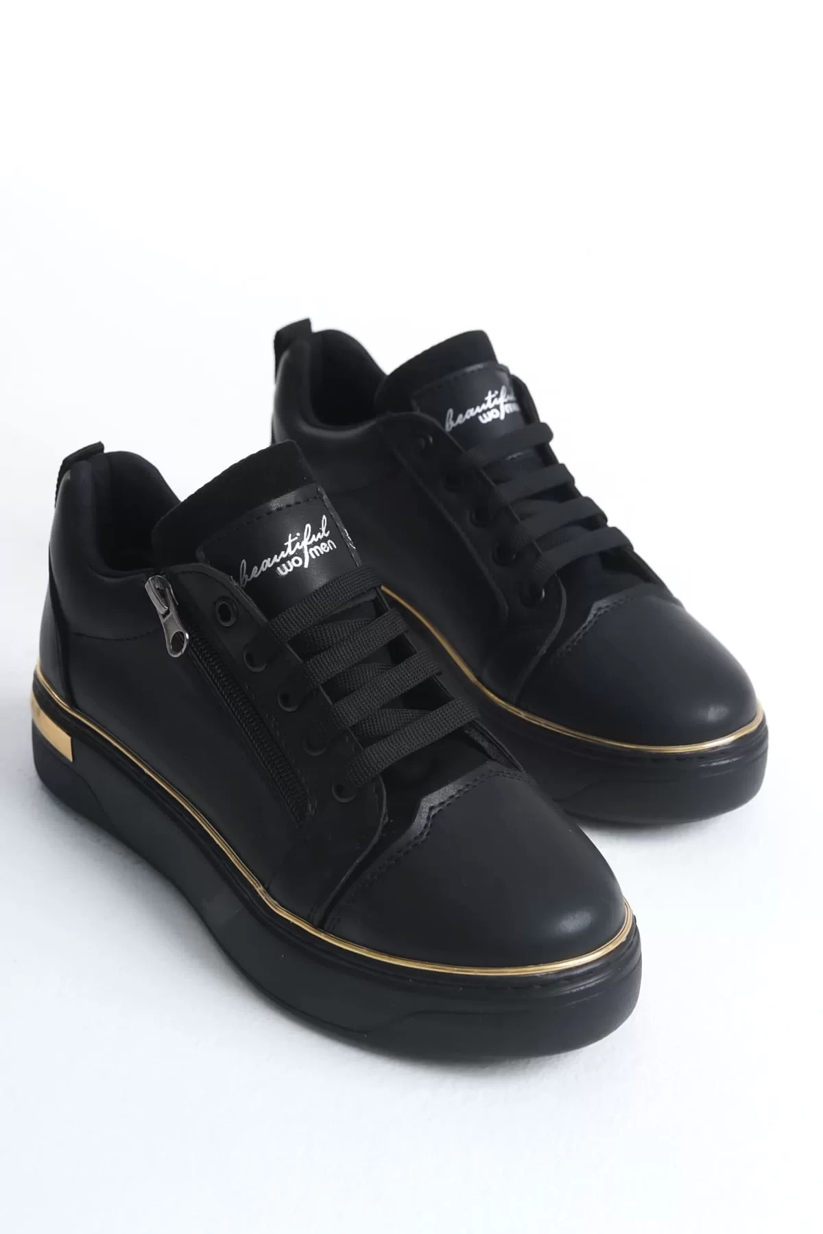 DINA Bağcıklı Fermuarlı Ortopedik Taban Kadın Sneaker Spor Ayakkabı  ST - Siyah/Altın