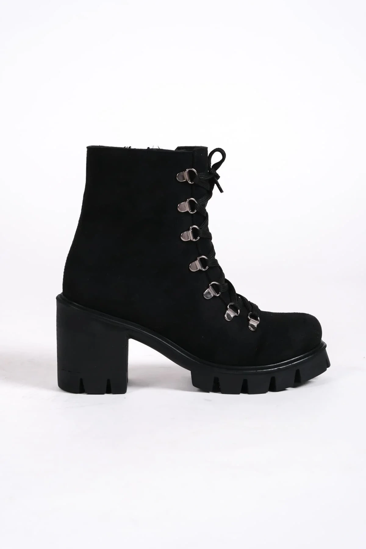 EMMA Bağcıklı Fermuarlı Ortopedik Taban Topuklu Süet Kadın Bot  SST - Siyah