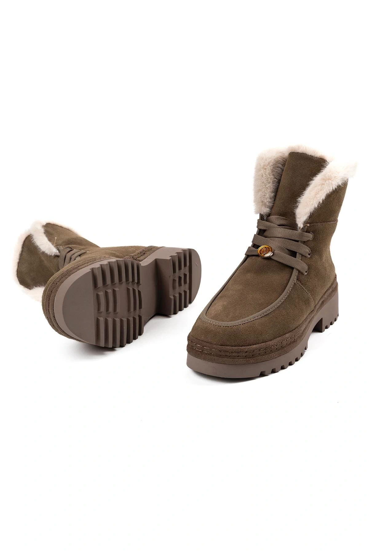 GUJA 25K433 KADIN HAKİKİ DERİ İÇİ KÜRKLÜ BAĞCIKLI BOT HAKİ SÜET