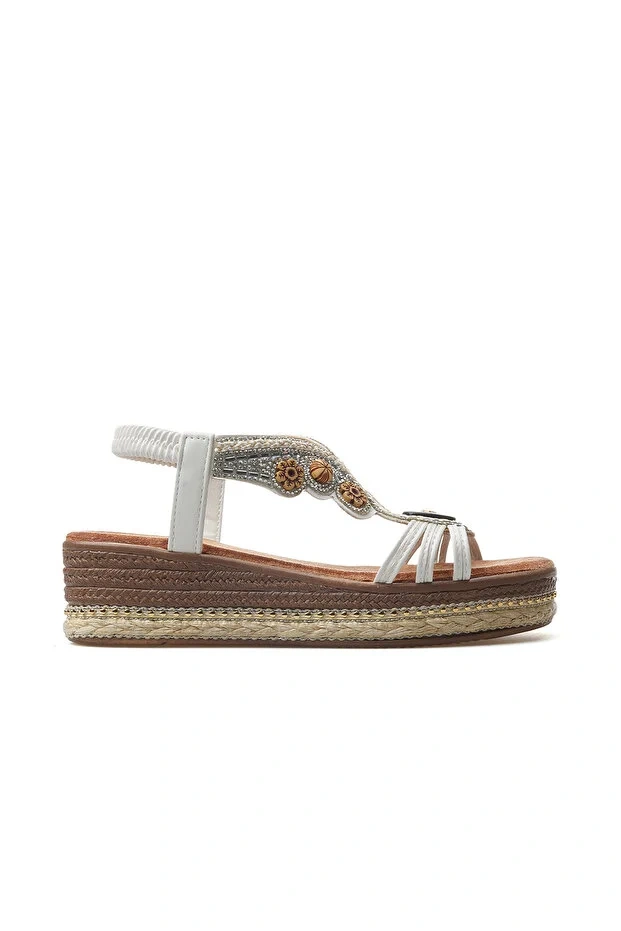 GUJA 25Y171-1 KADIN TAŞLI HASIR ÖRGÜLÜ SANDALET BEYAZ