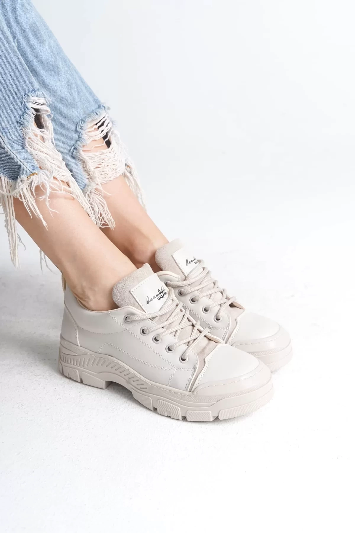 JANE Bağcıklı Ortopedik Taban Kadın Sneaker Spor Ayakkabı  KT - Krem
