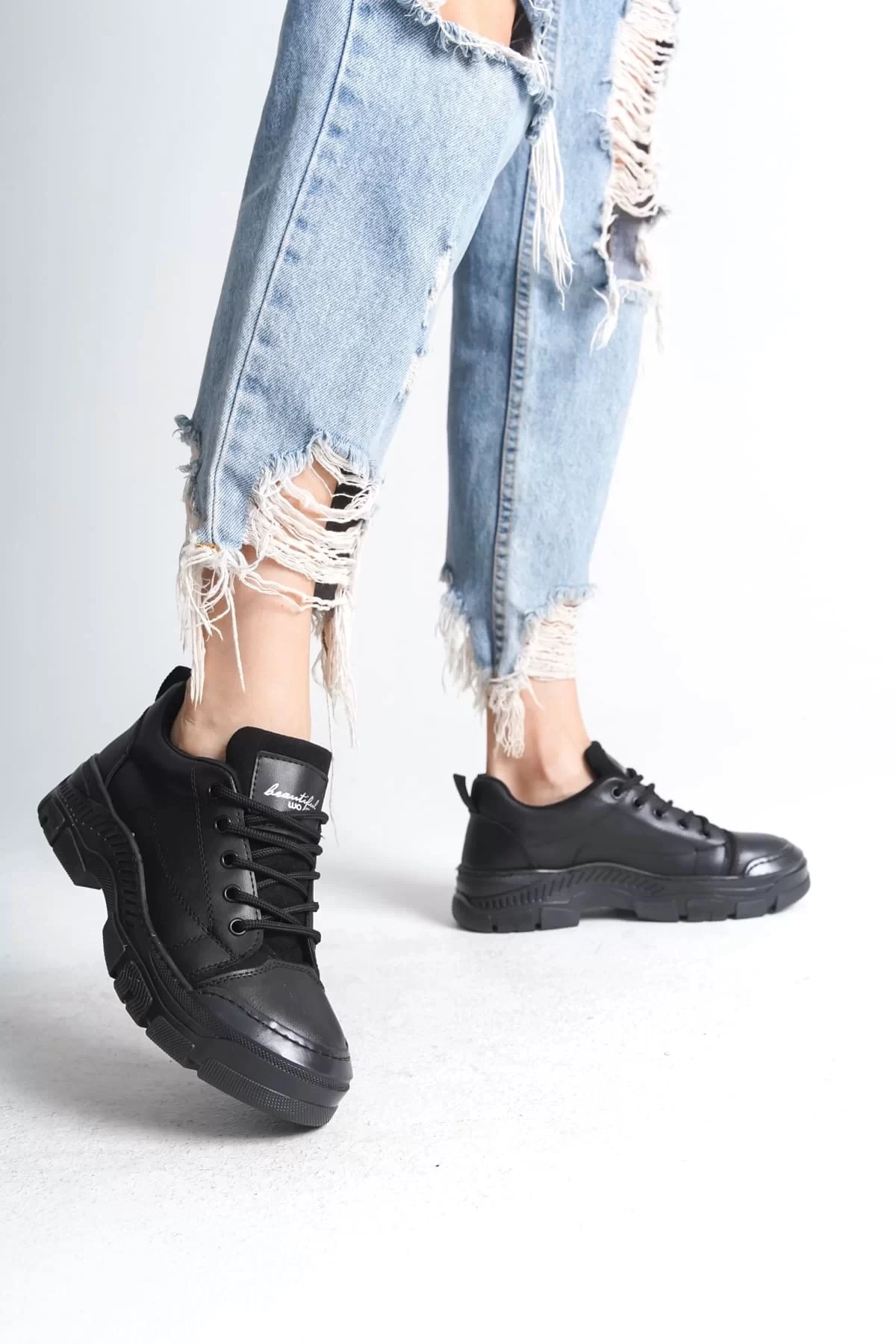 JANE Bağcıklı Ortopedik Taban Kadın Sneaker Spor Ayakkabı  ST - Siyah