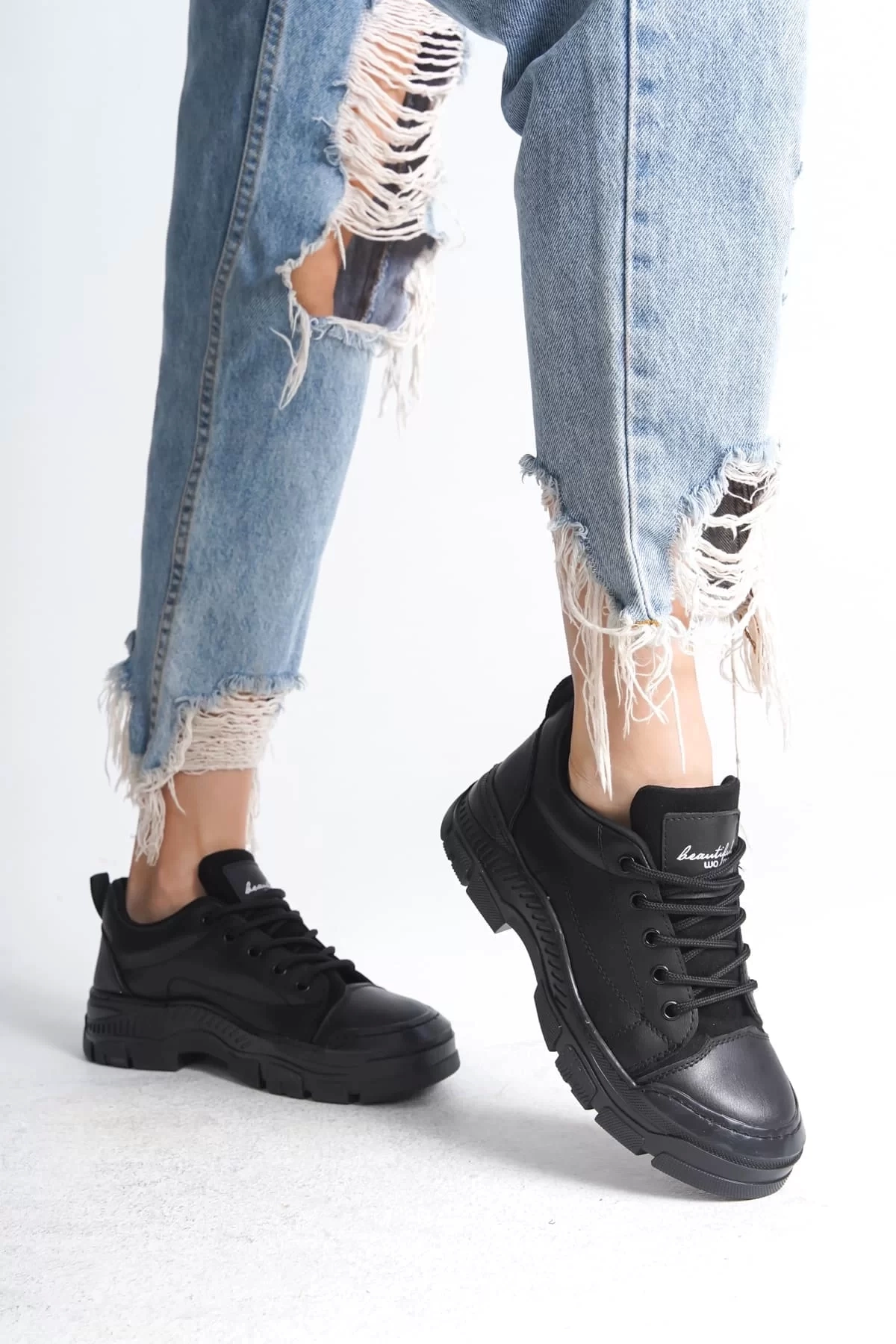 JANE Bağcıklı Ortopedik Taban Kadın Sneaker Spor Ayakkabı  ST - Siyah