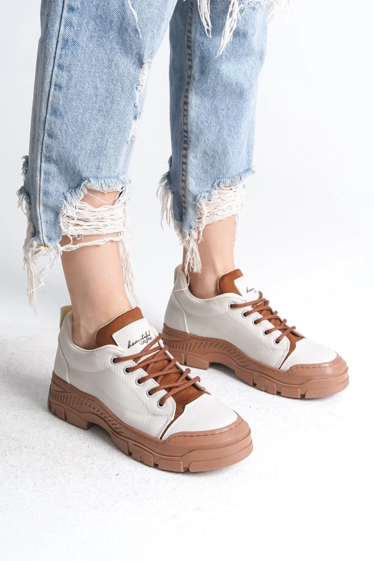 JANE Bağcıklı Ortopedik Taban Kadın Sneaker Spor Ayakkabı  TT - Krem