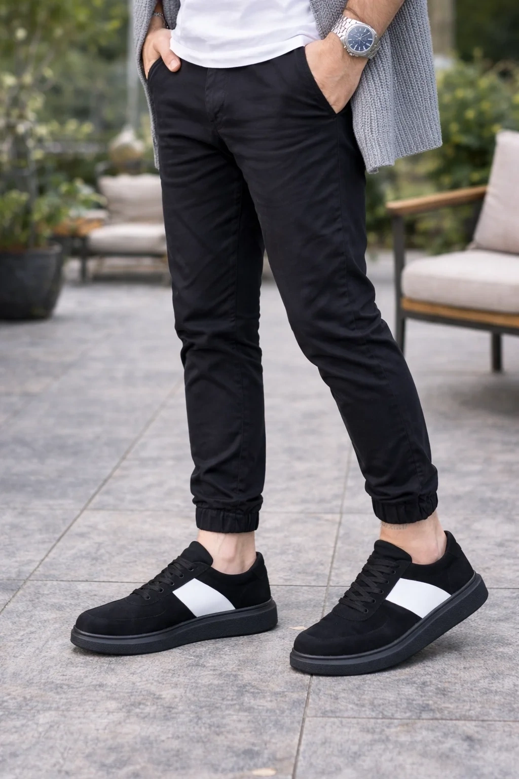 JY-011 Erkek Günlük Bağcıklı Süet Spor Sneaker Ayakkabı SST - Siyah/Beyaz