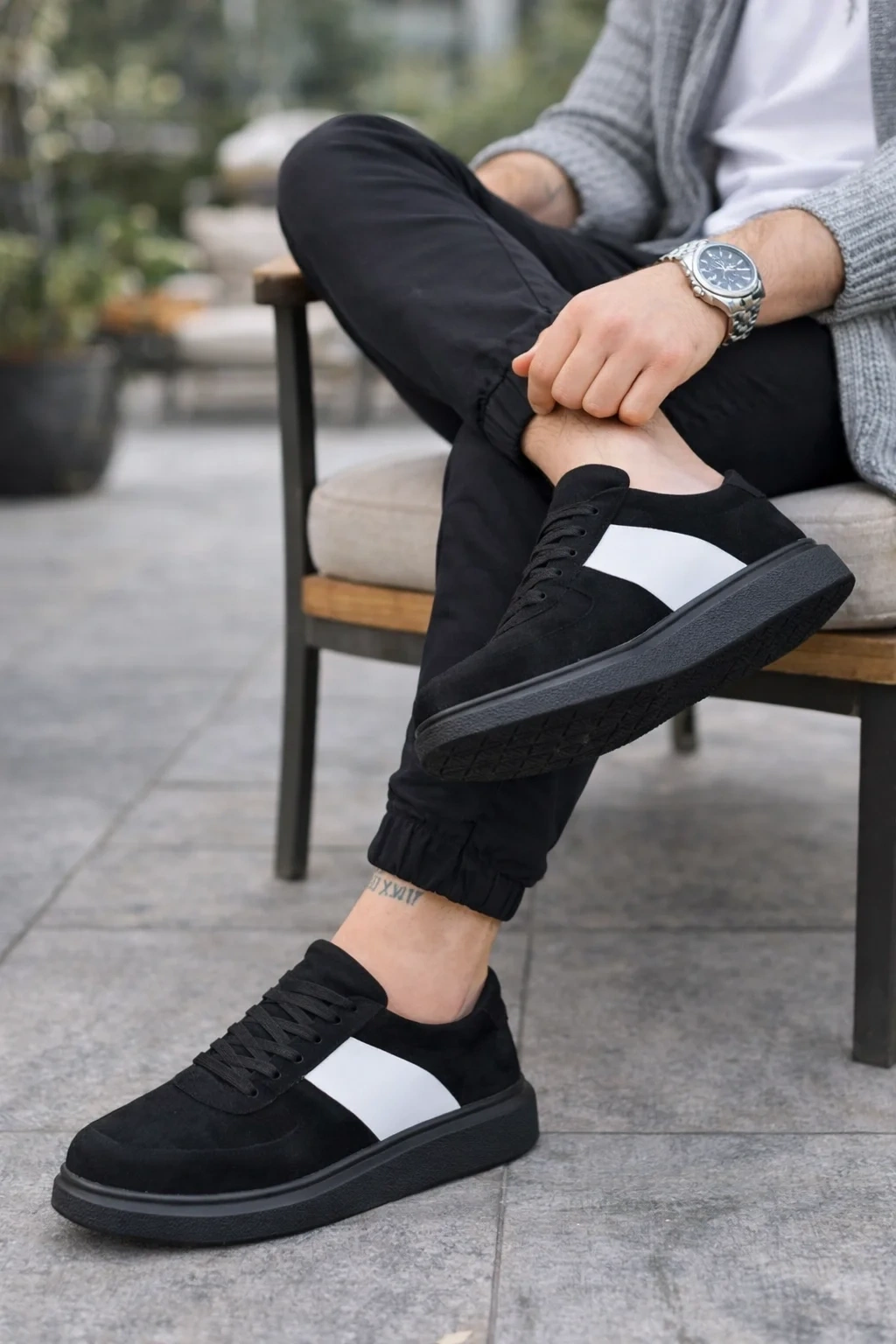 JY-011 Erkek Günlük Bağcıklı Süet Spor Sneaker Ayakkabı SST - Siyah/Beyaz